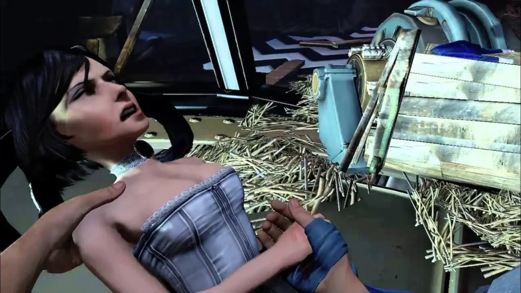 DeWitt sostiene a Elizabeth herida en BioShock Infinite, ejemplo trágico de romances en los videojuegos.