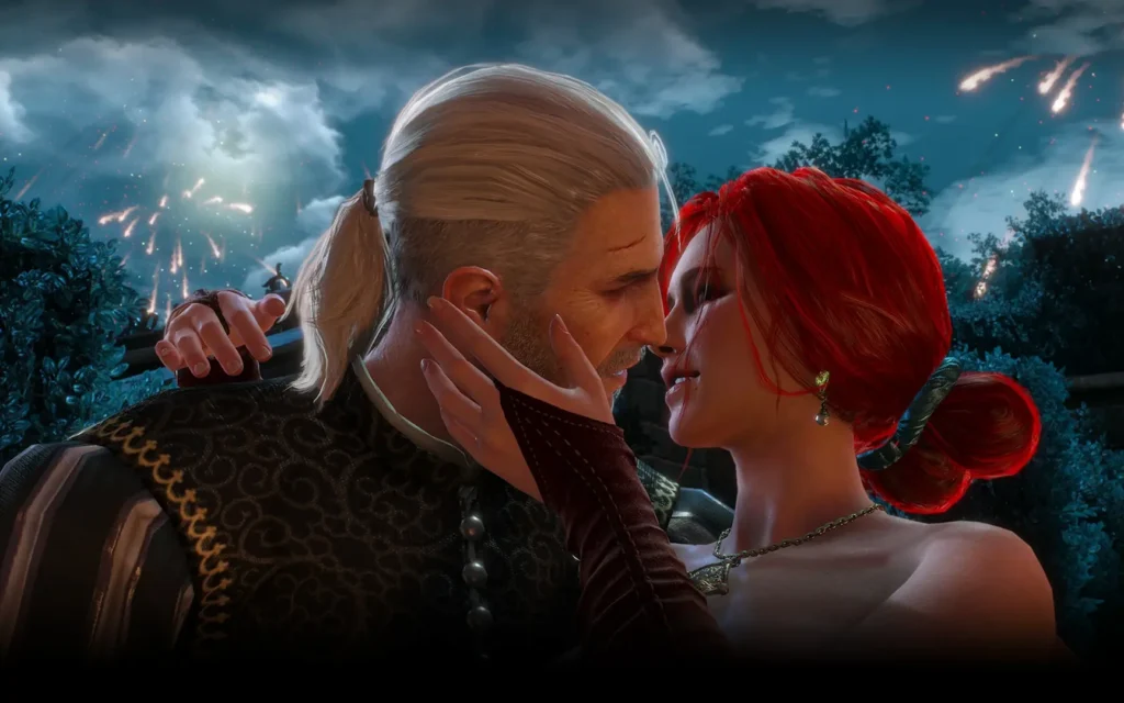 Geralt y Triss se besan bajo fuegos artificiales en The Witcher 3, clásico de romances en los videojuegos.