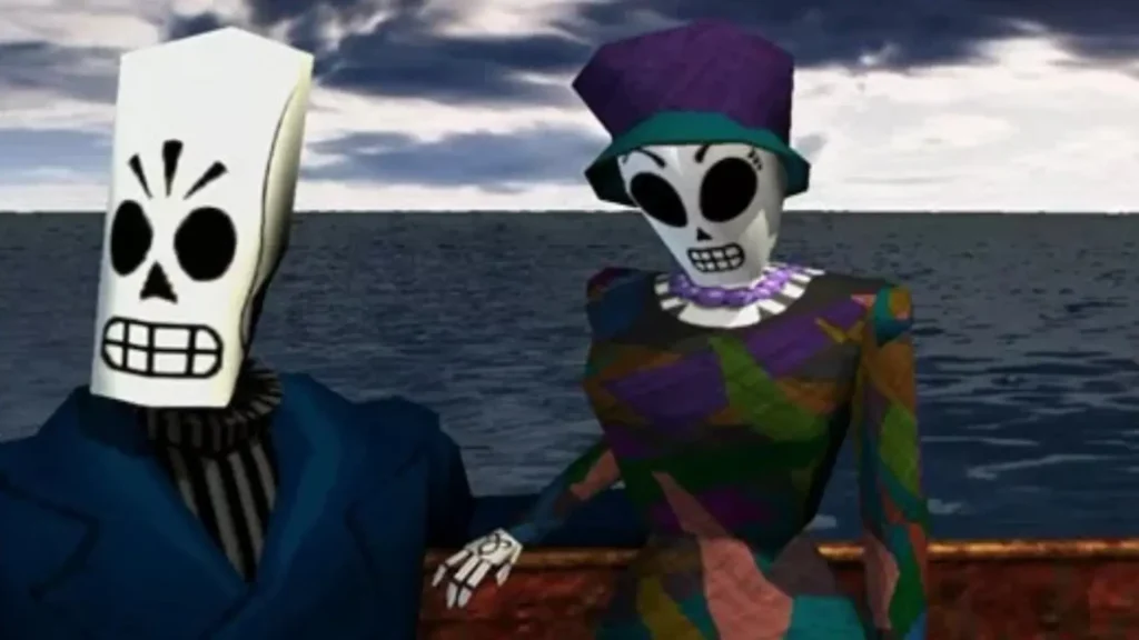 Manny y Mercedes en Grim Fandango sonríen juntos en el barco, un icónico romance en los videojuegos.