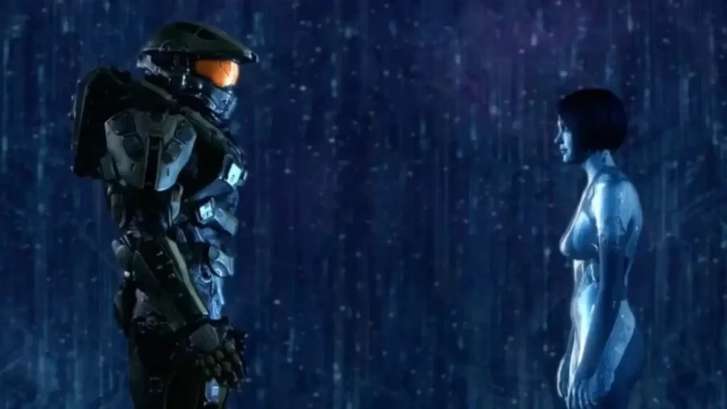 Master Chief se encuentra bajo la lluvia con Cortana en Halo, vínculo destacado en romances en los videojuegos.
