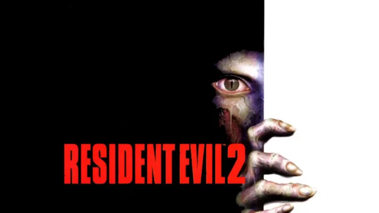 Portada del reportaje de Resident Evil 2 (1998), con un zombi asomando tras un fondo negro con el logo del juego en rojo.