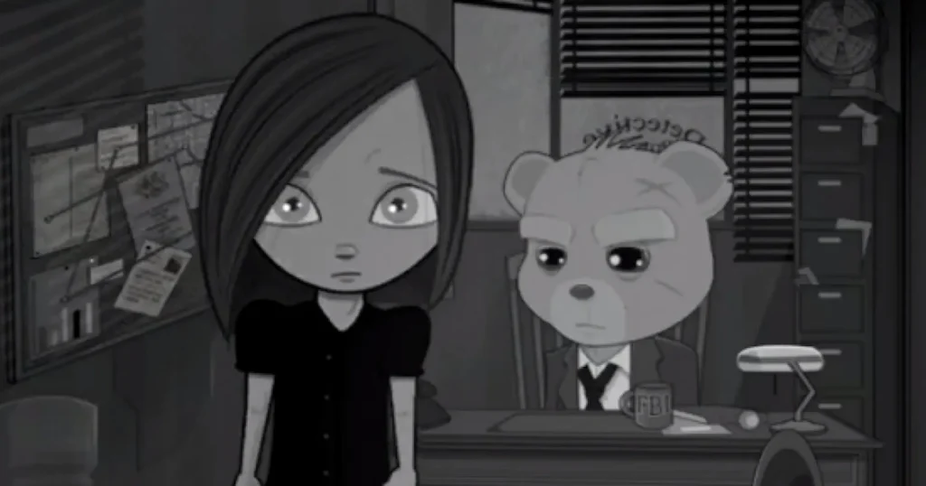 Amber y su oso detective Ted en la oficina noir en blanco y negro de Bear with Me.