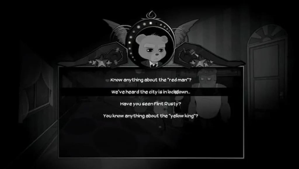 Pantalla de diálogo de Bear with Me con Ted el oso interrogando sobre el misterioso "red man".