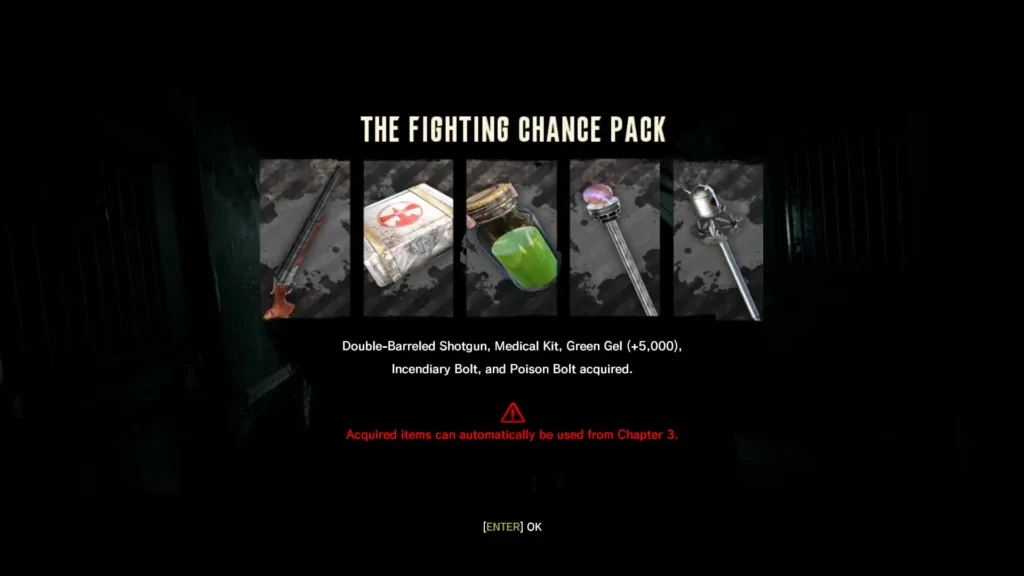 Menú del DLC de The Evil Within mostrando el pack “The Fighting Chance” con armas, gel verde y botiquines.