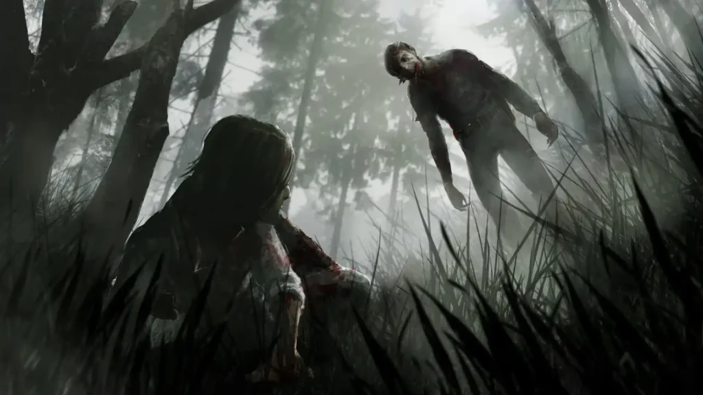 Mujer ensangrentada se arrastra entre la hierba mientras un zombi la observa en un bosque del DLC de The Evil Within.