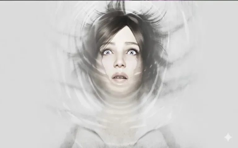 Mujer flotando en agua con rostro asustado, rodeada de ondas concéntricas y sin texto.