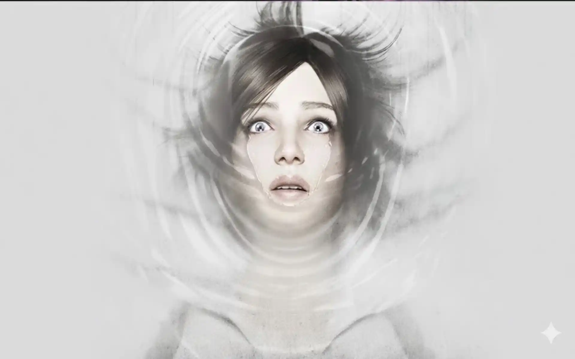 Mujer flotando en agua con rostro asustado, rodeada de ondas concéntricas y sin texto.