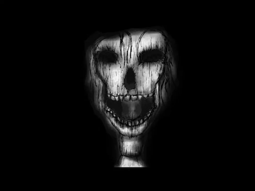 Primer plano de un rostro esquelético gritando con estilo de dibujo a mano en el juego de terror Disturbed.