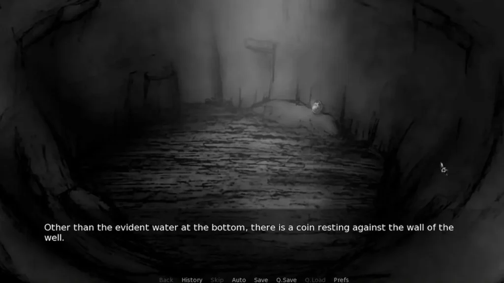 Fondo de un pozo oscuro estilo boceto en Disturbed, donde brilla una moneda oculta para el jugador.