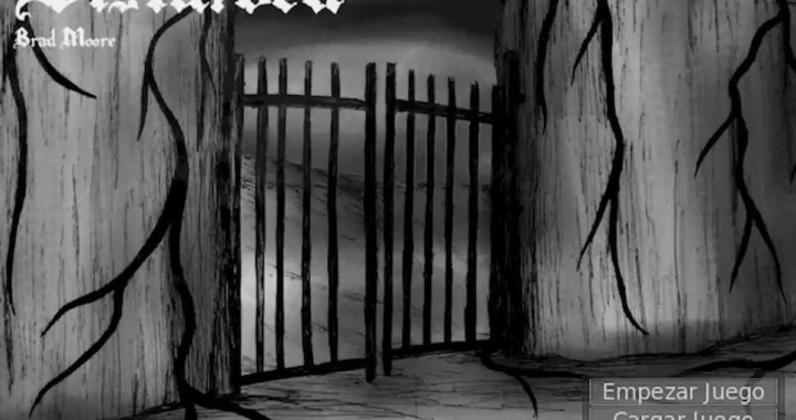 Pantalla de título en blanco y negro del juego de terror "Disturbed", con una puerta inquietante entre árboles retorcidos y un menú en español.
