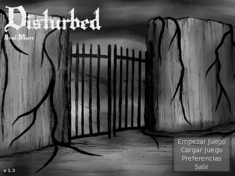Pantalla de título en blanco y negro del juego de terror "Disturbed", con una puerta inquietante entre árboles retorcidos y un menú en español.