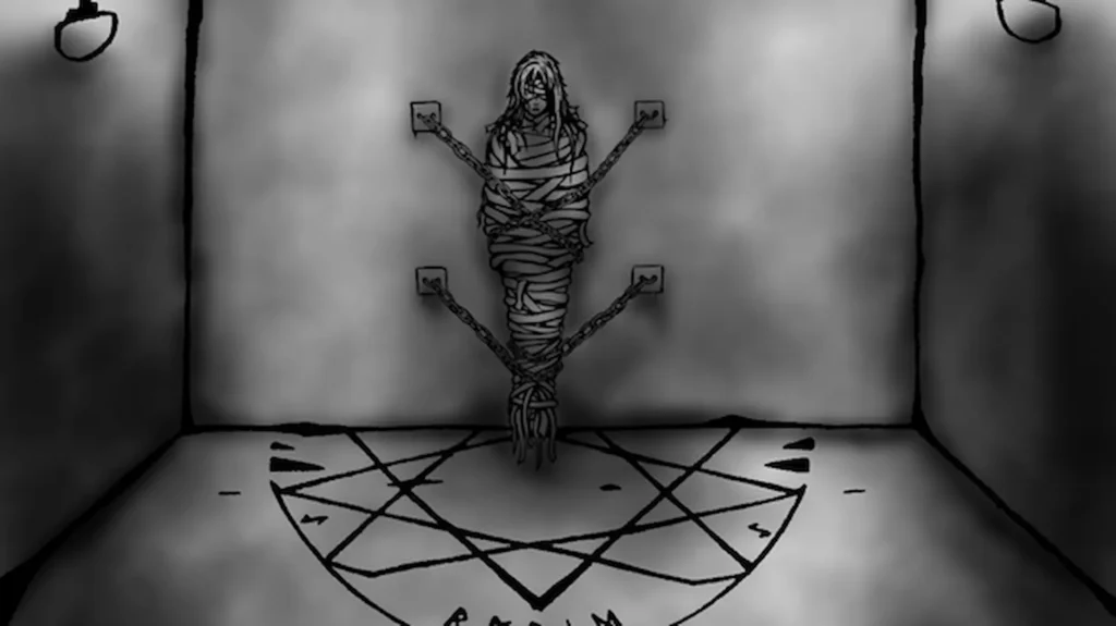 Figura vendada y encadenada flotando sobre un pentagrama en el suelo en una escena ritual de Disturbed