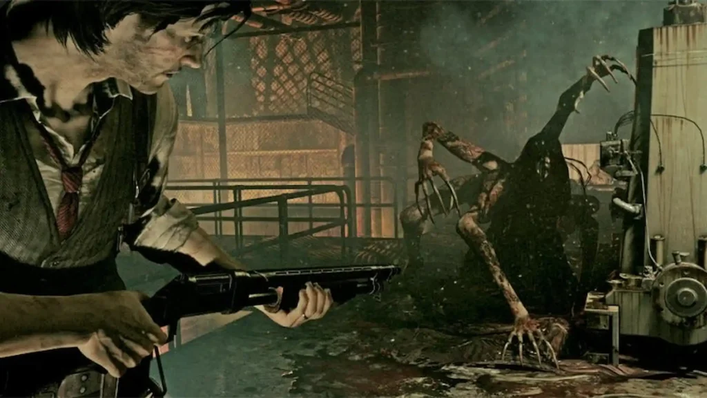 Protagonista apunta con escopeta a una criatura de garras alargadas en un entorno industrial.