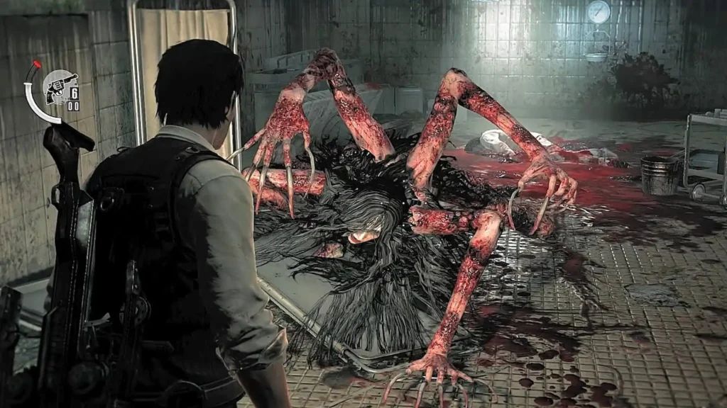 Enfrentamiento con monstruo arácnido cubierto de sangre y cabello oscuro en laboratorio de The Evil Within.