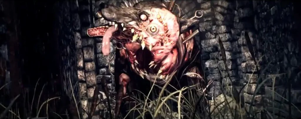 Perro mutado de ojos blancos y piel desgarrada ruge entre ruinas del juego The Evil Within.