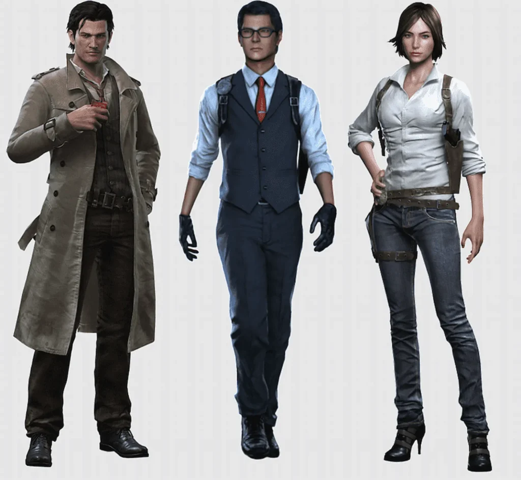 Retrato de Sebastian Castellanos, Joseph Oda y Juli Kidman con sus atuendos distintivos de The Evil Within.