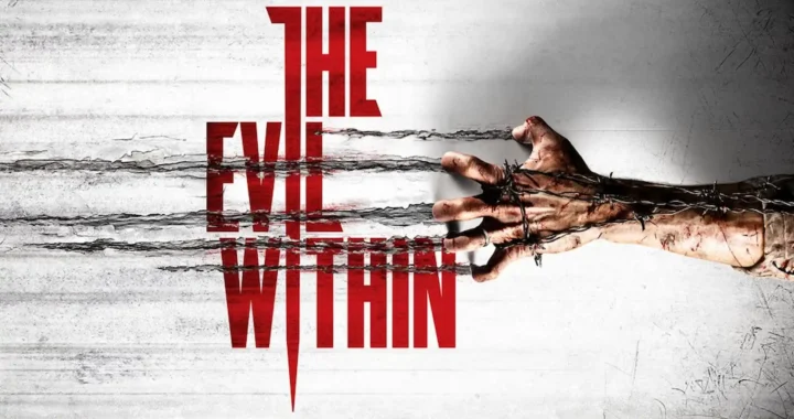 Brazo ensangrentado envuelto en alambre de espino se extiende junto al logo rojo de The Evil Within sobre fondo gris.