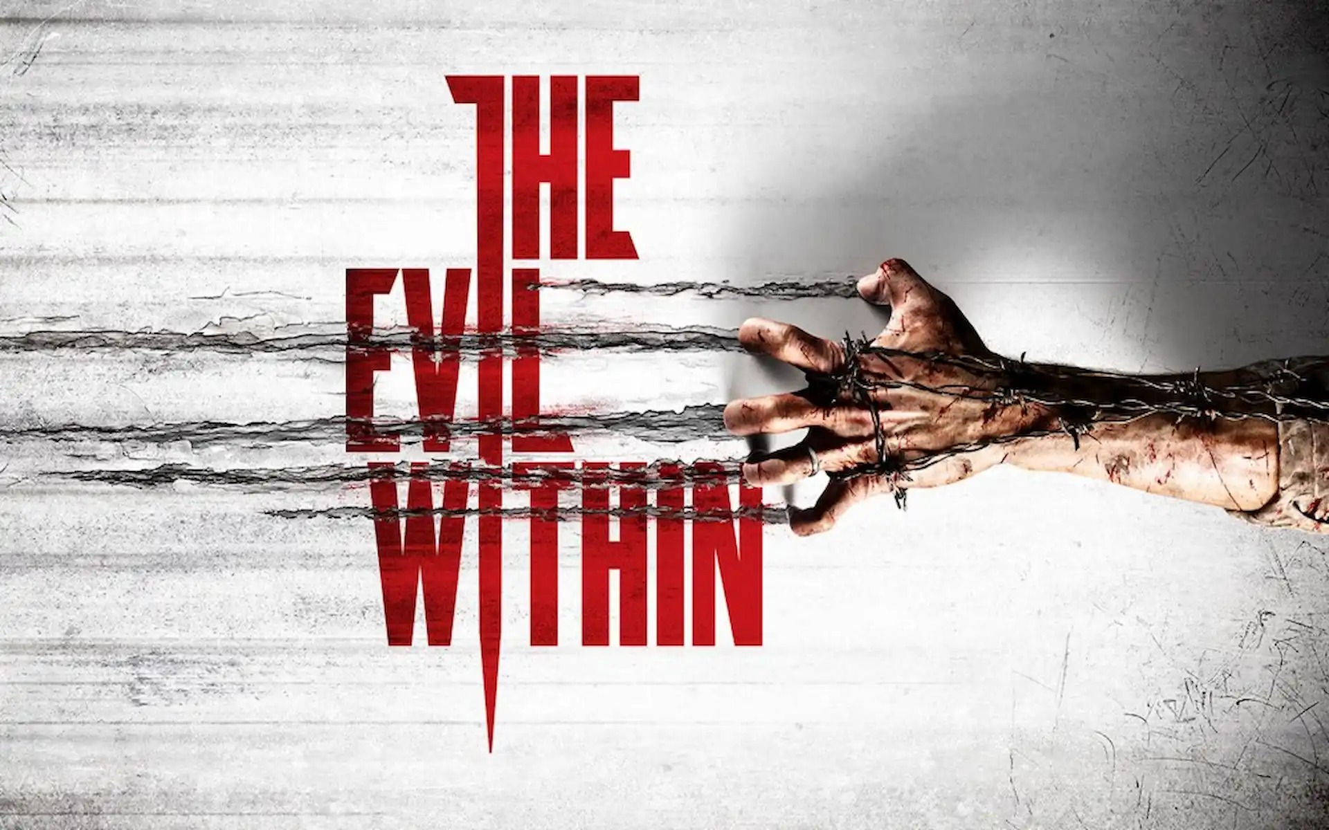 Brazo ensangrentado envuelto en alambre de espino se extiende junto al logo rojo de The Evil Within sobre fondo gris.