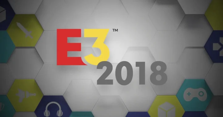 Cartel para presentar el E3 2018 con rombos blancos y de colores con símbolos de videojuegos.