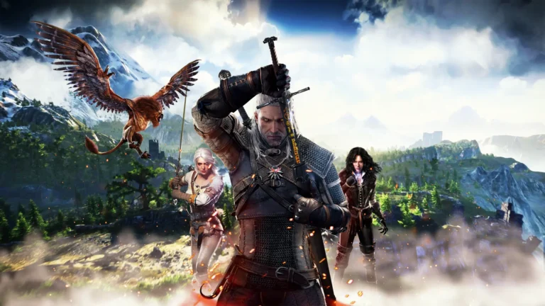 Geralt desenfundando su espada junto a Ciri y Yennefer, demostrando el realismo de The Witcher 3 y sus gráficos.
