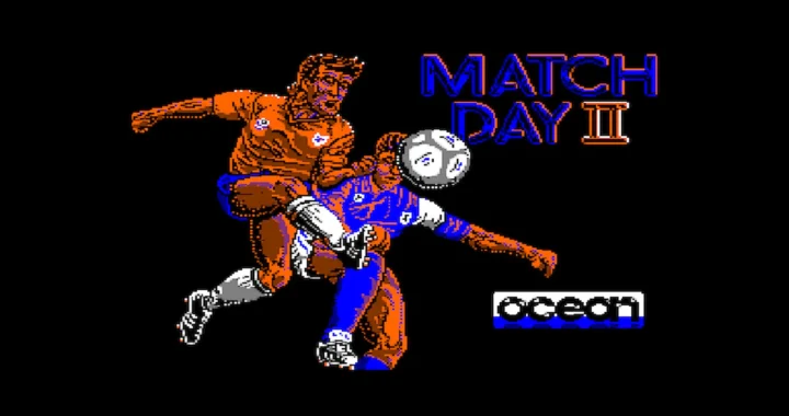 Pantalla de inicio de Match Day II donde vemos a dos jugadores luchando por un balón en un fondo negro.