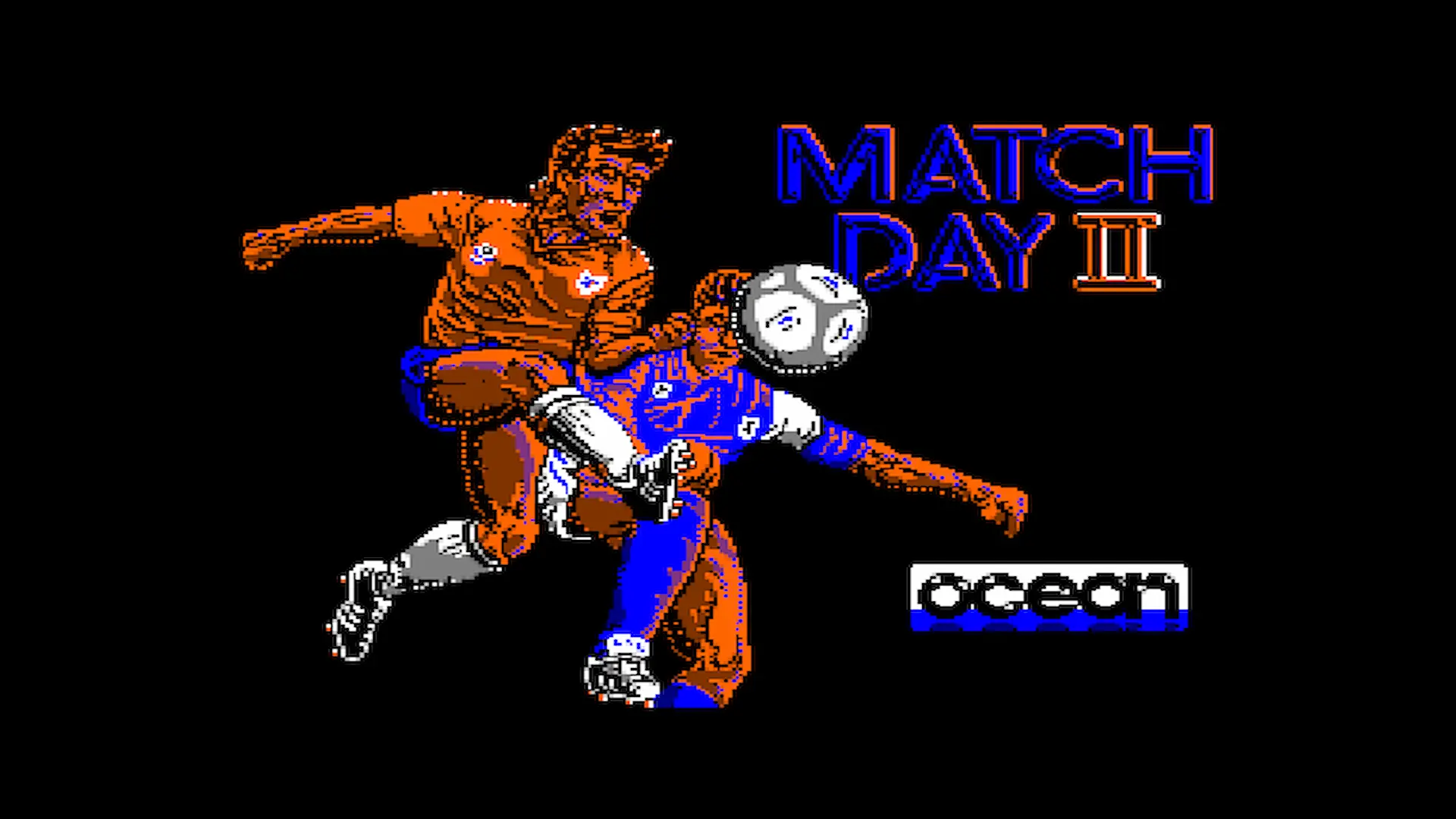 Pantalla de inicio de Match Day II donde vemos a dos jugadores luchando por un balón en un fondo negro.