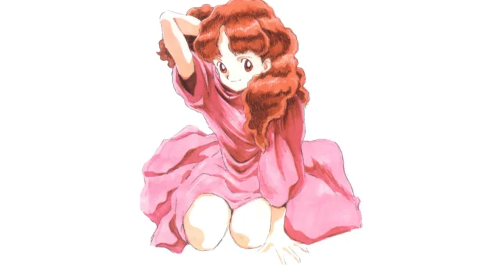 La protagonista de Princess Maker posando con un vestido rosa en un fondo blanco.