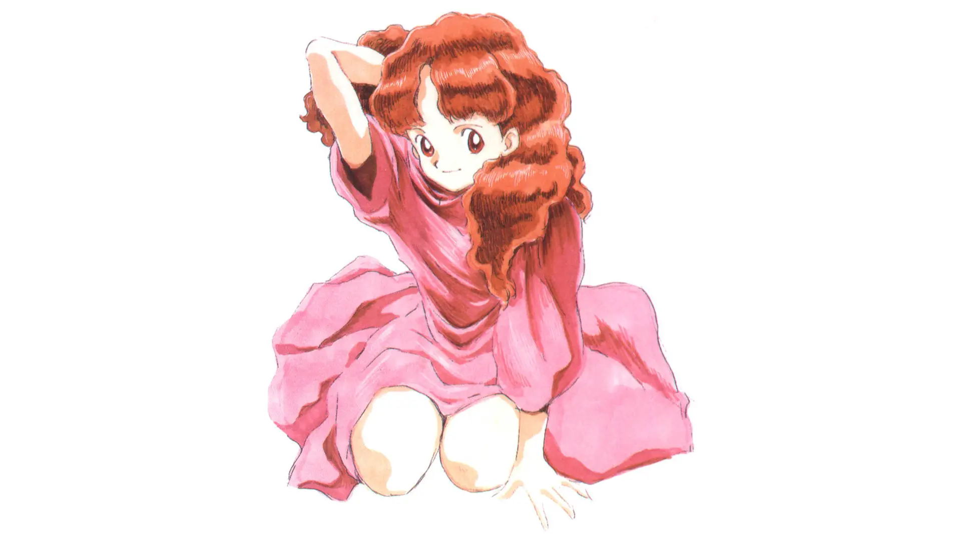 La protagonista de Princess Maker posando con un vestido rosa en un fondo blanco.