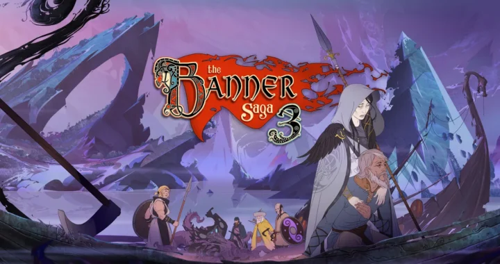 Portada de The Banner Saga 3 donde vemos un barco vikingo llevando a varios personajes por un mar morado.