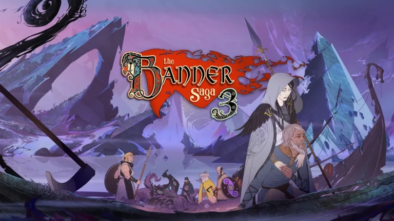 Portada de The Banner Saga 3 donde vemos un barco vikingo llevando a varios personajes por un mar morado.