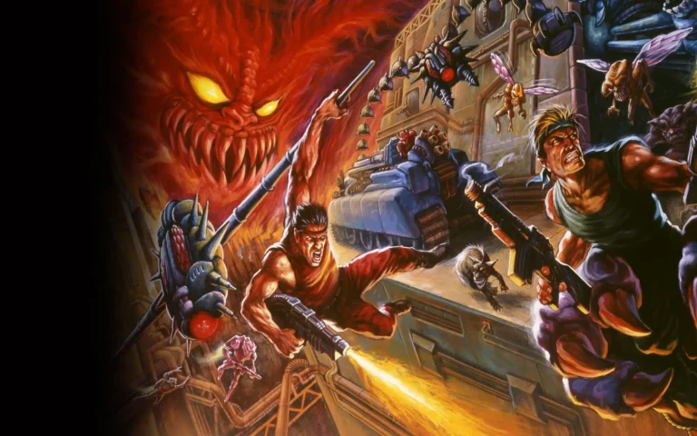 Arte conceptual de Contra, donde vemos a los protagonistas intentando zafarse a tiros de diferentes enemigos con un demonio rojo a sus espaldas.