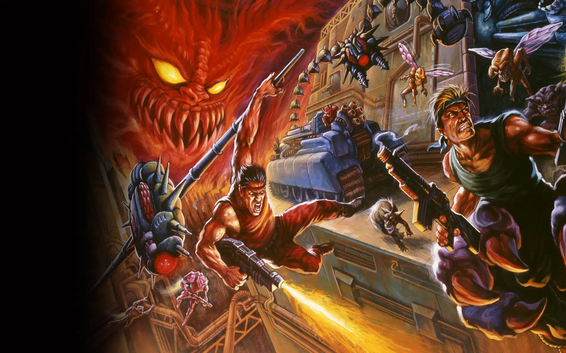 Arte conceptual de Contra, donde vemos a los protagonistas intentando zafarse a tiros de diferentes enemigos con un demonio rojo a sus espaldas.