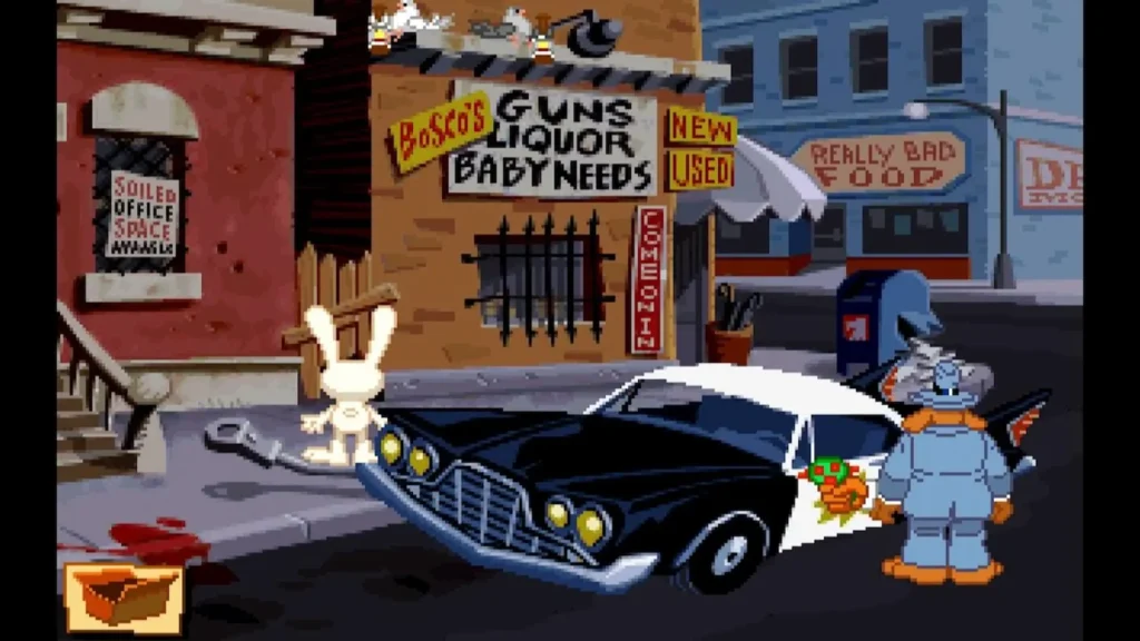 Sam & Max Hit the Road, escena clásica frente a la tienda de Bosco con el coche de policía aparcado.