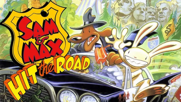 Portada oficial de Sam & Max Hit the Road con los protagonistas viajando en su coche.