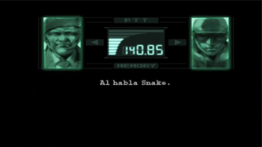 20 años de la leyenda de Solid Snake 2 Una llamada de códec, en fondo negro y mostrando las retransmisiones de los interlocutores por ráfagas verdes. Imagen icónica del 20 aniversario de Metal Gear Solid.