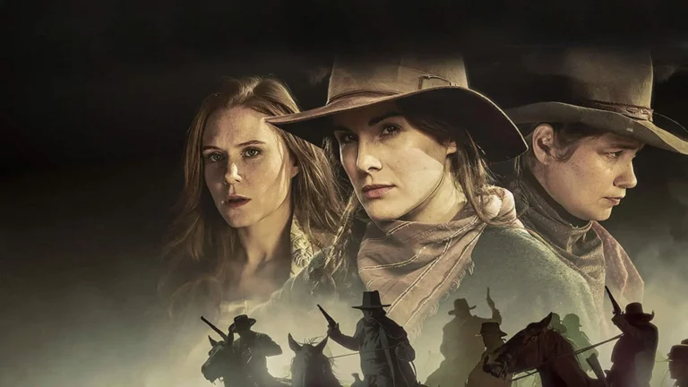 Tres actrices vestidas de cowboys para la serie de Godless. formando parte de la portada de la serie en Netflix.