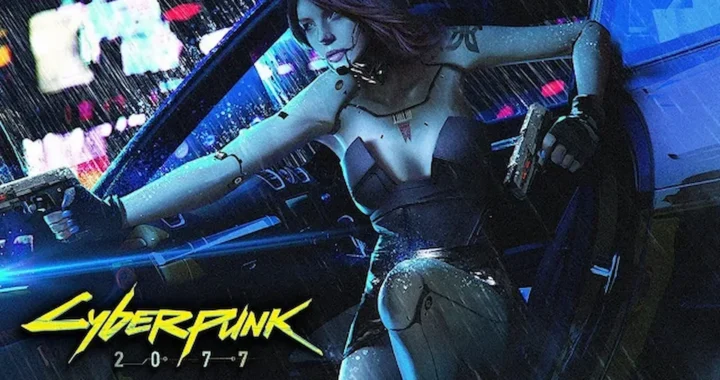 Una mujer cíborg armada sale por la ventanilla de un coche bajo la lluvia en Cyberpunk 2077, lista para un tiroteo en plena noche neon.