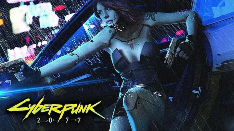 Una mujer cíborg armada sale por la ventanilla de un coche bajo la lluvia en Cyberpunk 2077, lista para un tiroteo en plena noche neon.