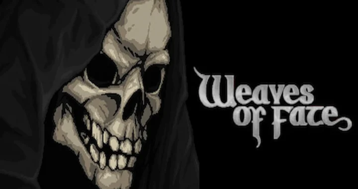 La portada de Weaves of Fate presenta un pixel art realista de una calavera con capucha sombría sobre un fondo negro.