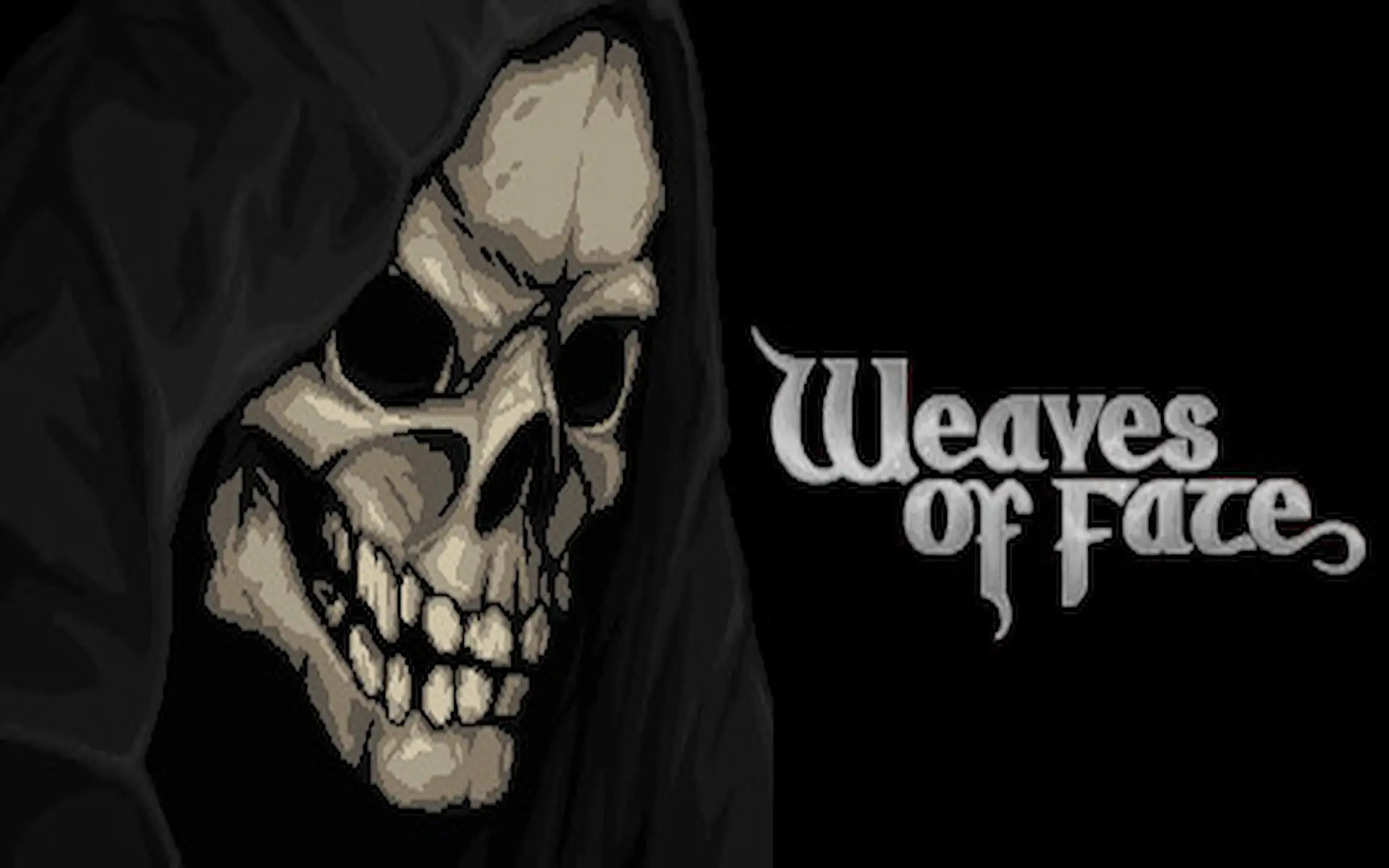 La portada de Weaves of Fate presenta un pixel art realista de una calavera con capucha sombría sobre un fondo negro.