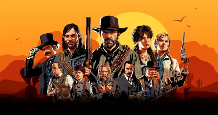 Varios personajes del oeste puestos en dos filas dando al espalda a un atardecer en el desierto. Portada para el análisis de Red Dead Redemption 2 en Orgullogamers.