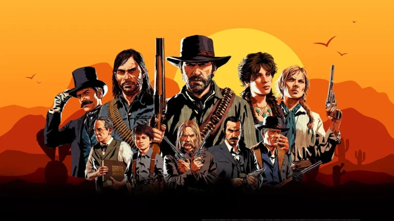Varios personajes del oeste puestos en dos filas dando al espalda a un atardecer en el desierto. Portada para el análisis de Red Dead Redemption 2 en Orgullogamers.