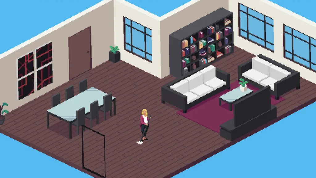 La protagonista de "Behind Every Great One" barre el suelo sola en un salón luminoso con muebles minimalistas y estanterías llenas.