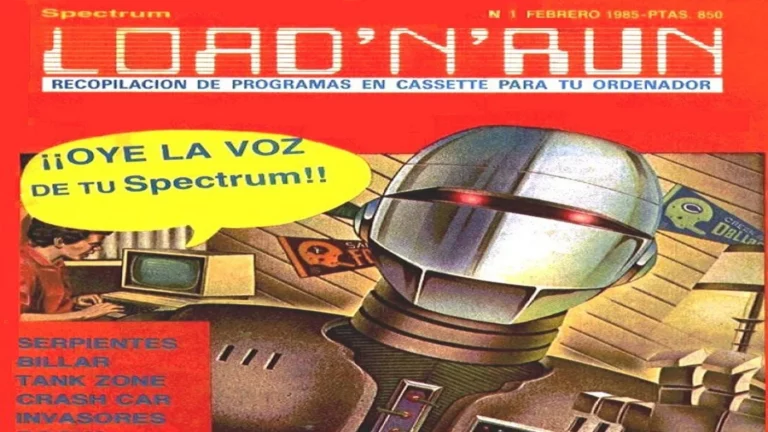 Portada de la revista Load 'N' Run con un androide dando la bienvenida a los lectores.