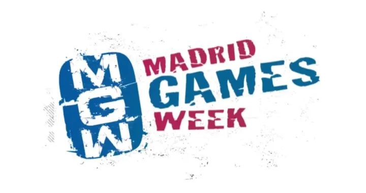 Un logo con letras rosas y azules sobre un fondo blanco donde pone Madrid Games Week.