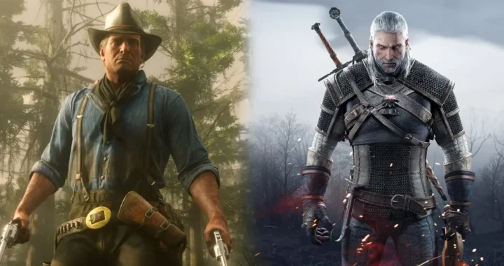 Los protagonistas de Red Dead Redemption 2 y The Witcher 3 de frente a cámara, cada uno en su mundo abierto.