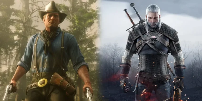 Los protagonistas de Red Dead Redemption 2 y The Witcher 3 de frente a cámara, cada uno en su mundo abierto.