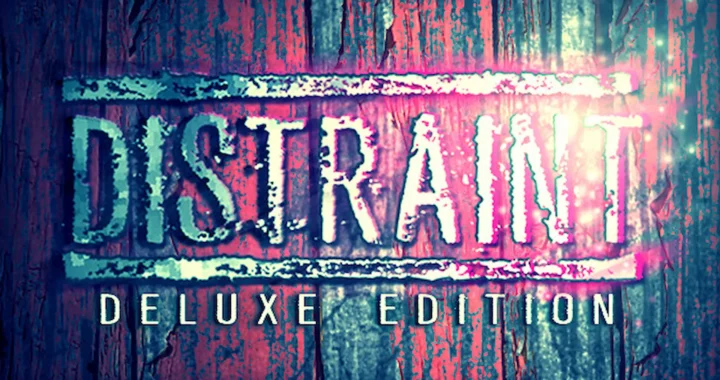 Portada de Distraint, formada por el logo, con una fuente borrosa, sobre un tablón de madera pintado de rojo pero descomponiéndose.