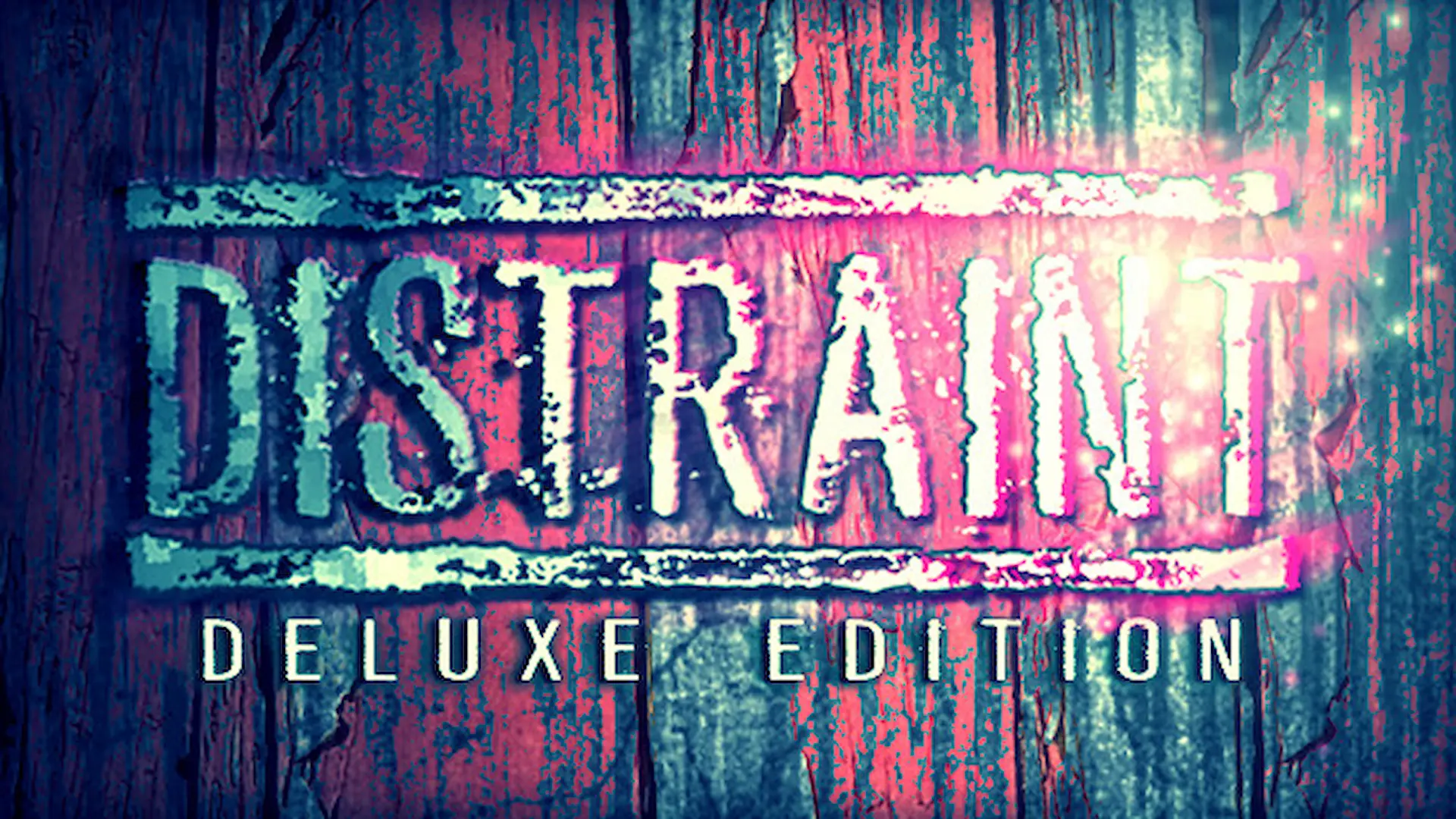 Portada de Distraint, formada por el logo, con una fuente borrosa, sobre un tablón de madera pintado de rojo pero descomponiéndose.