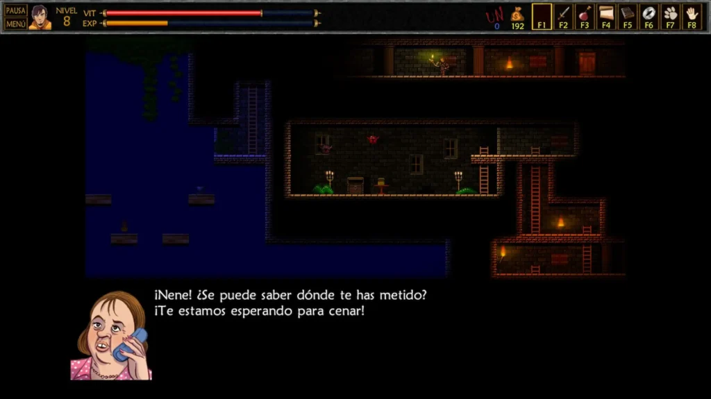 Gameplay de UnEpic con la madre del protagonista llamándole por teléfono mientras explora una mazmorra oscura.